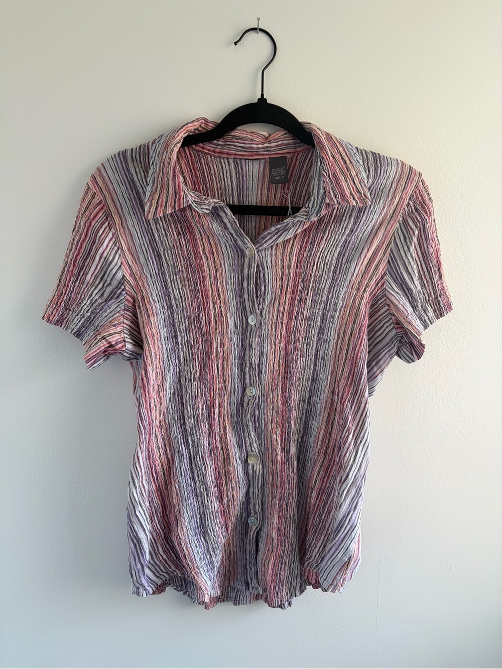 Women’s Short-Sleeve Textured Button-Up Shirt - Pink Stripe